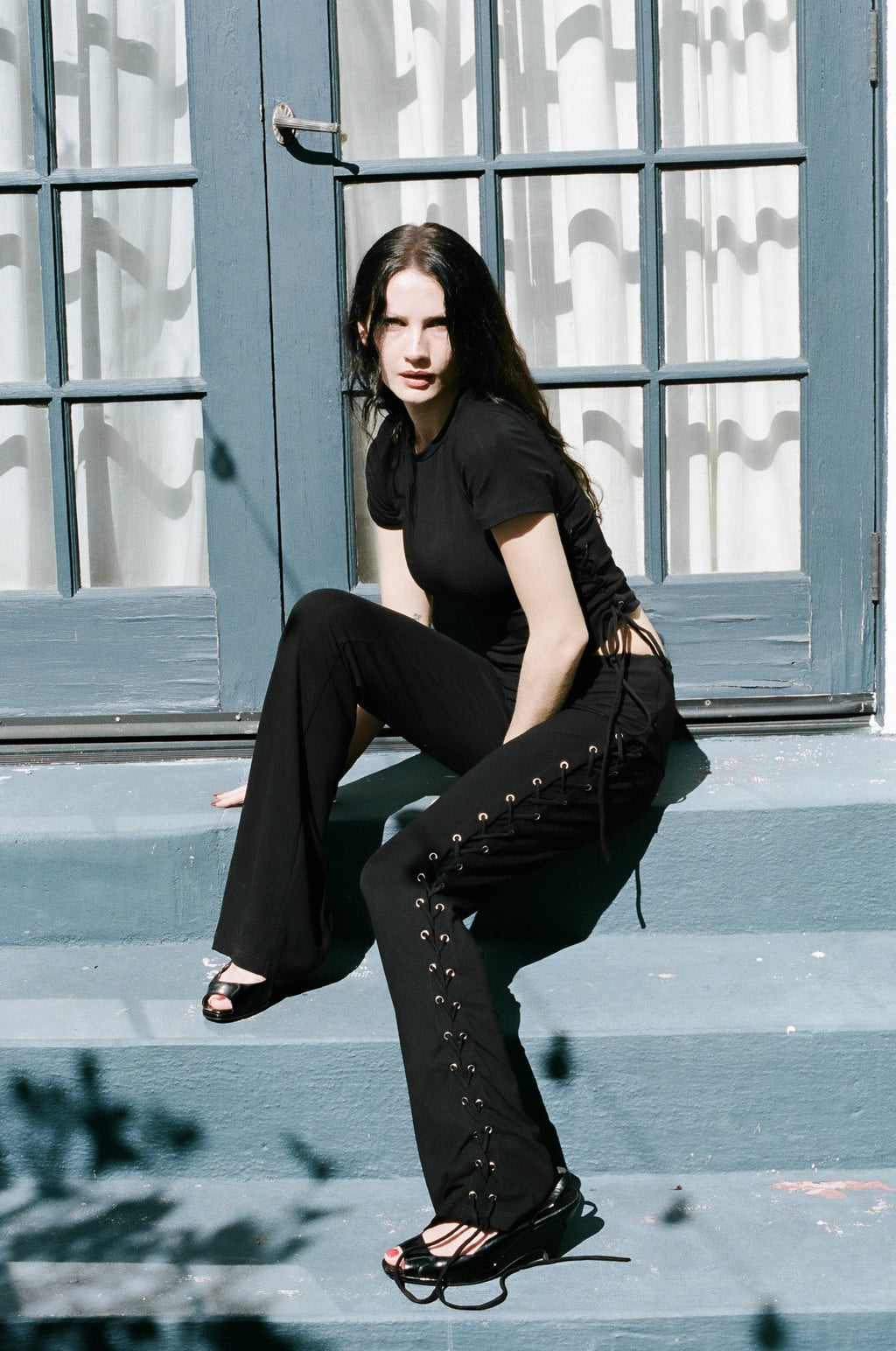 Thalia Lace Up Short Sleeve Top in Midnight