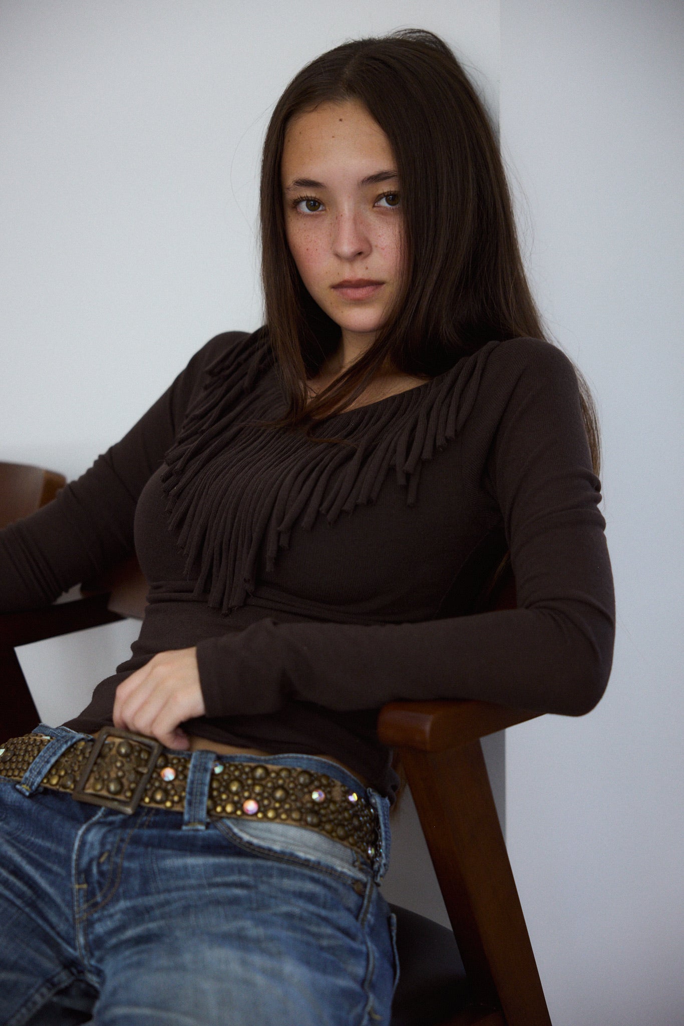 Muse Fringe Long Sleeve Top in Ebony