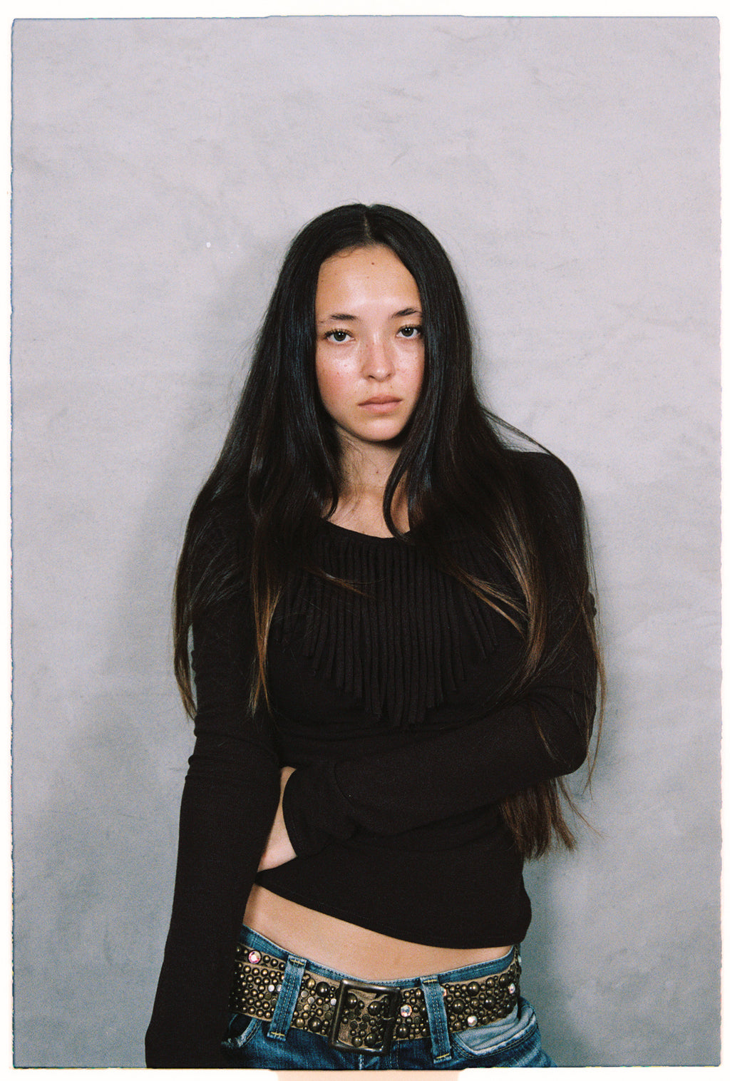 Muse Fringe Long Sleeve Top in Ebony