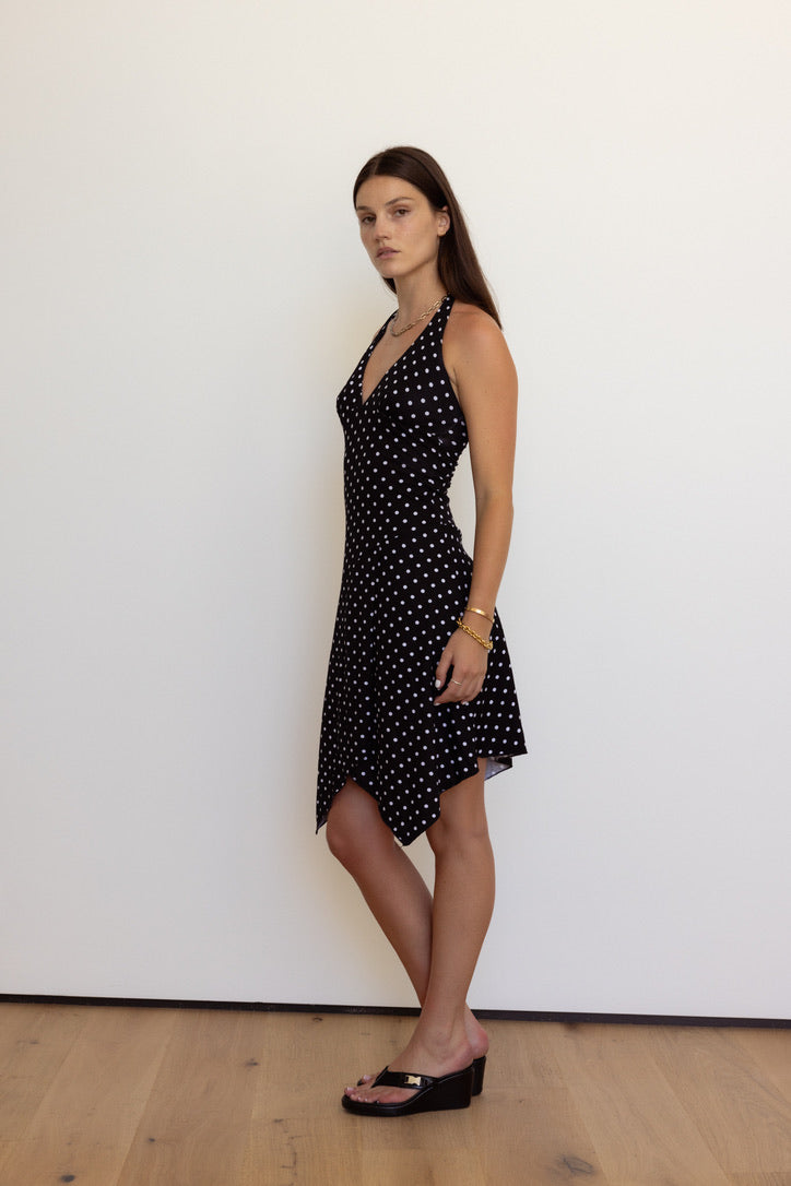 Aurora Halter Dress in Black Polka Dot