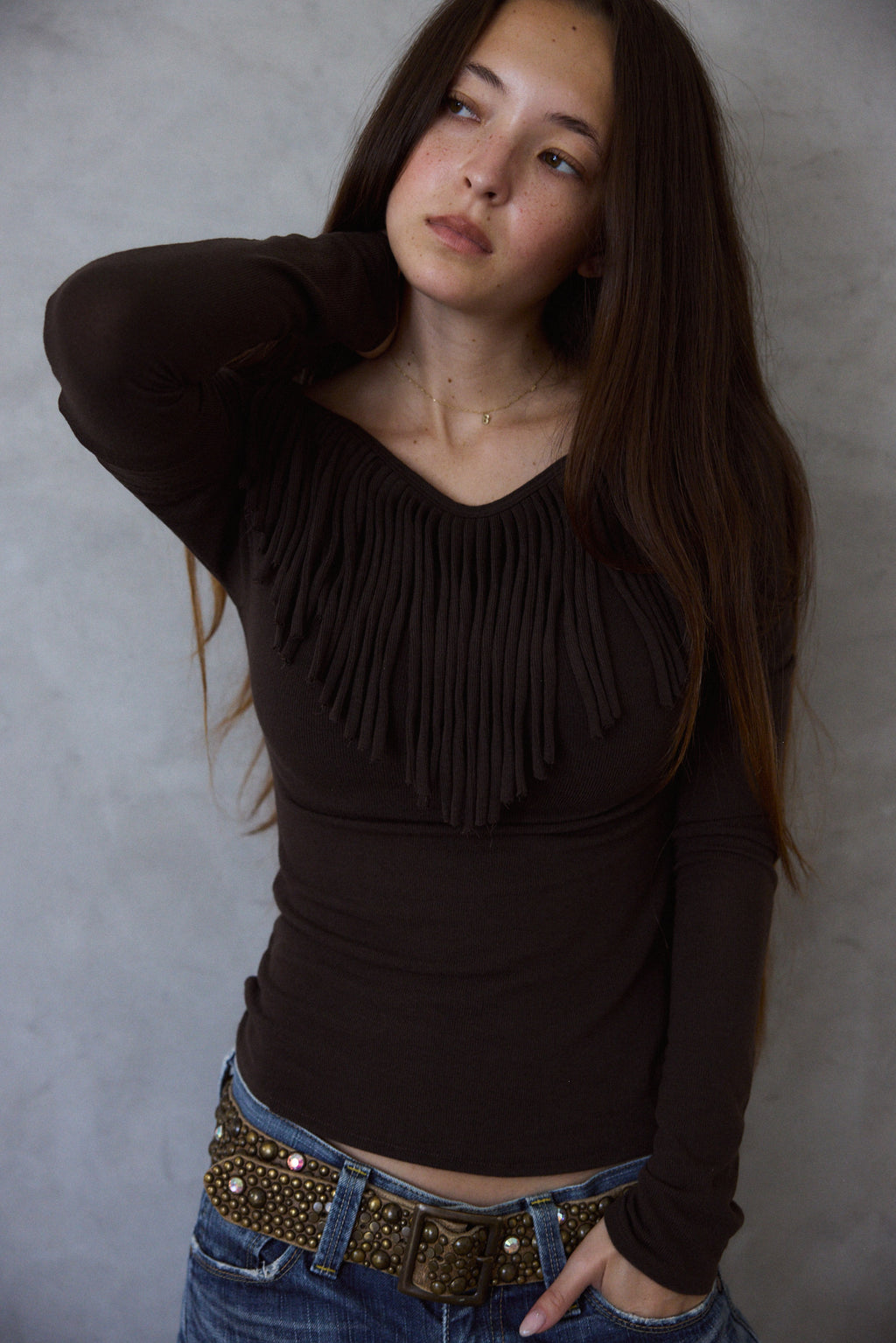 Muse Fringe Long Sleeve Top in Ebony