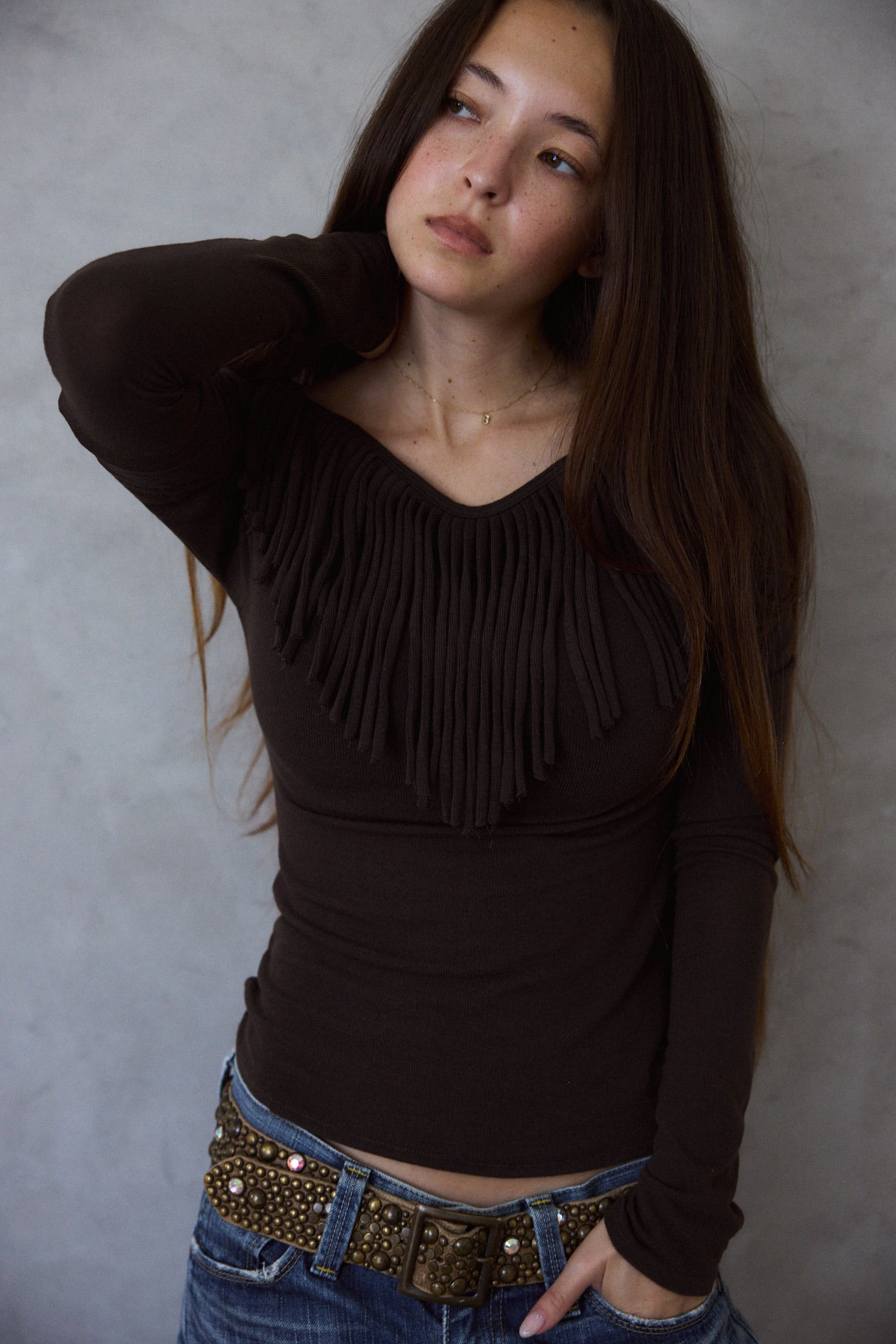 Muse Fringe Long Sleeve Top in Ebony