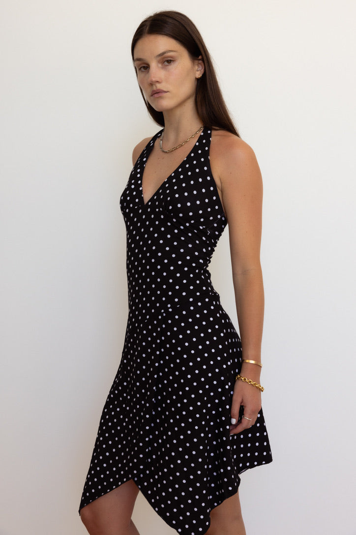 Aurora Halter Dress in Black Polka Dot