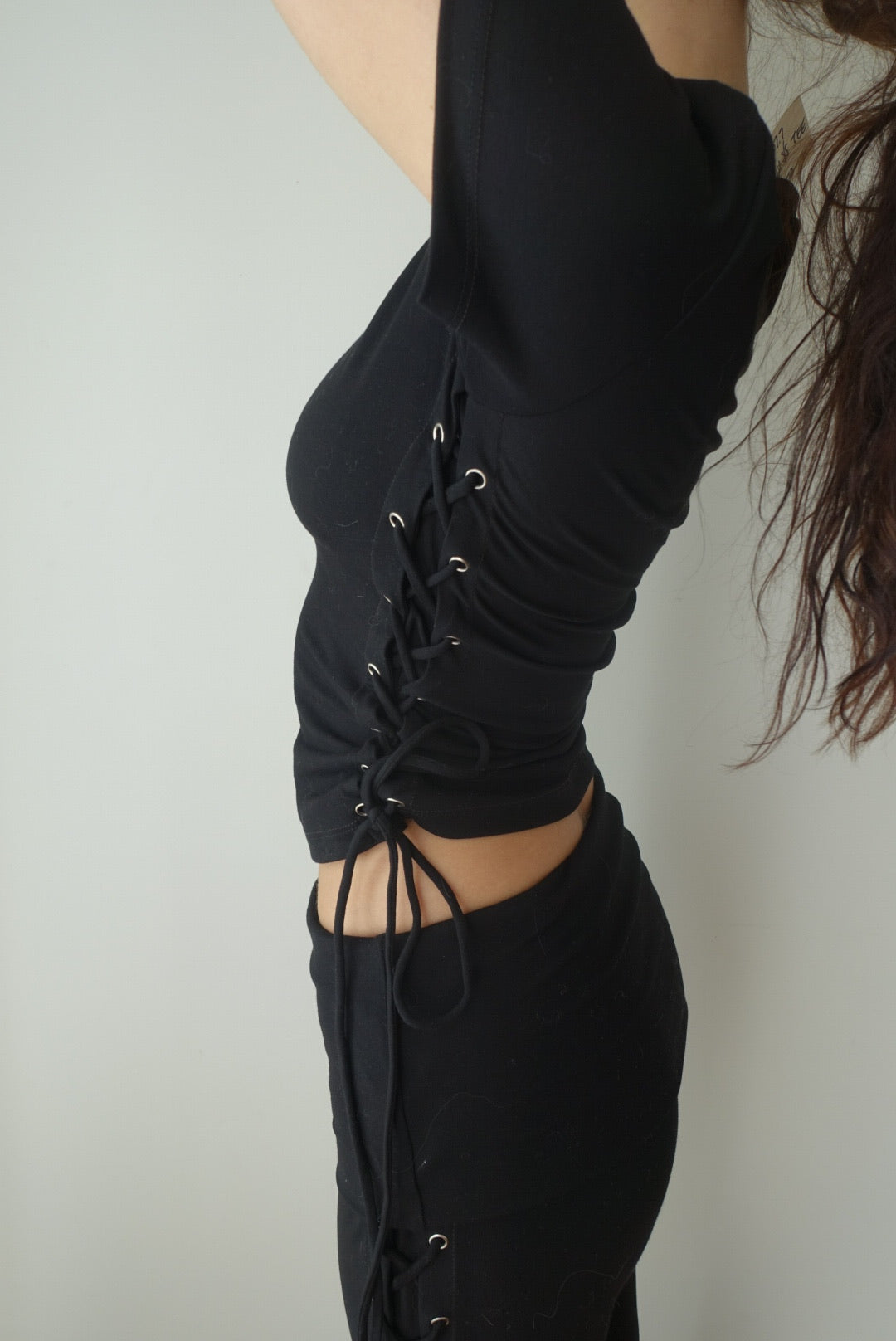 Thalia Lace Up Short Sleeve Top in Midnight