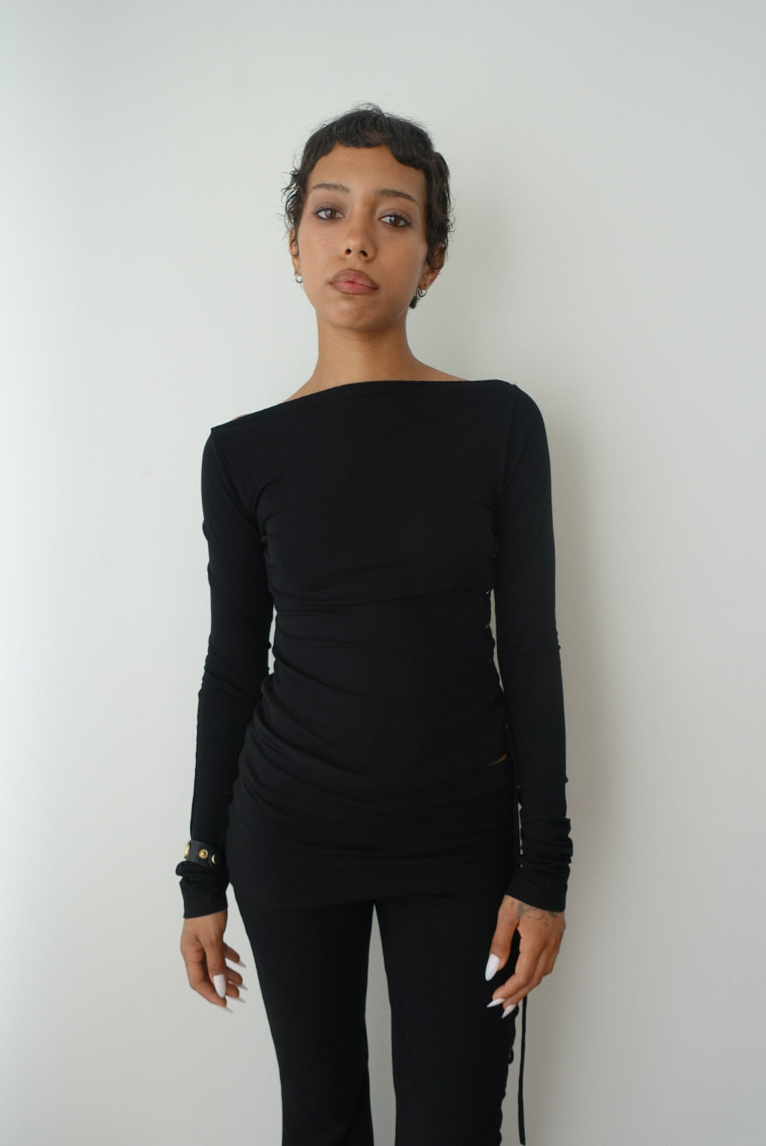 Thalia Lace Up Long Sleeve Top in Midnight