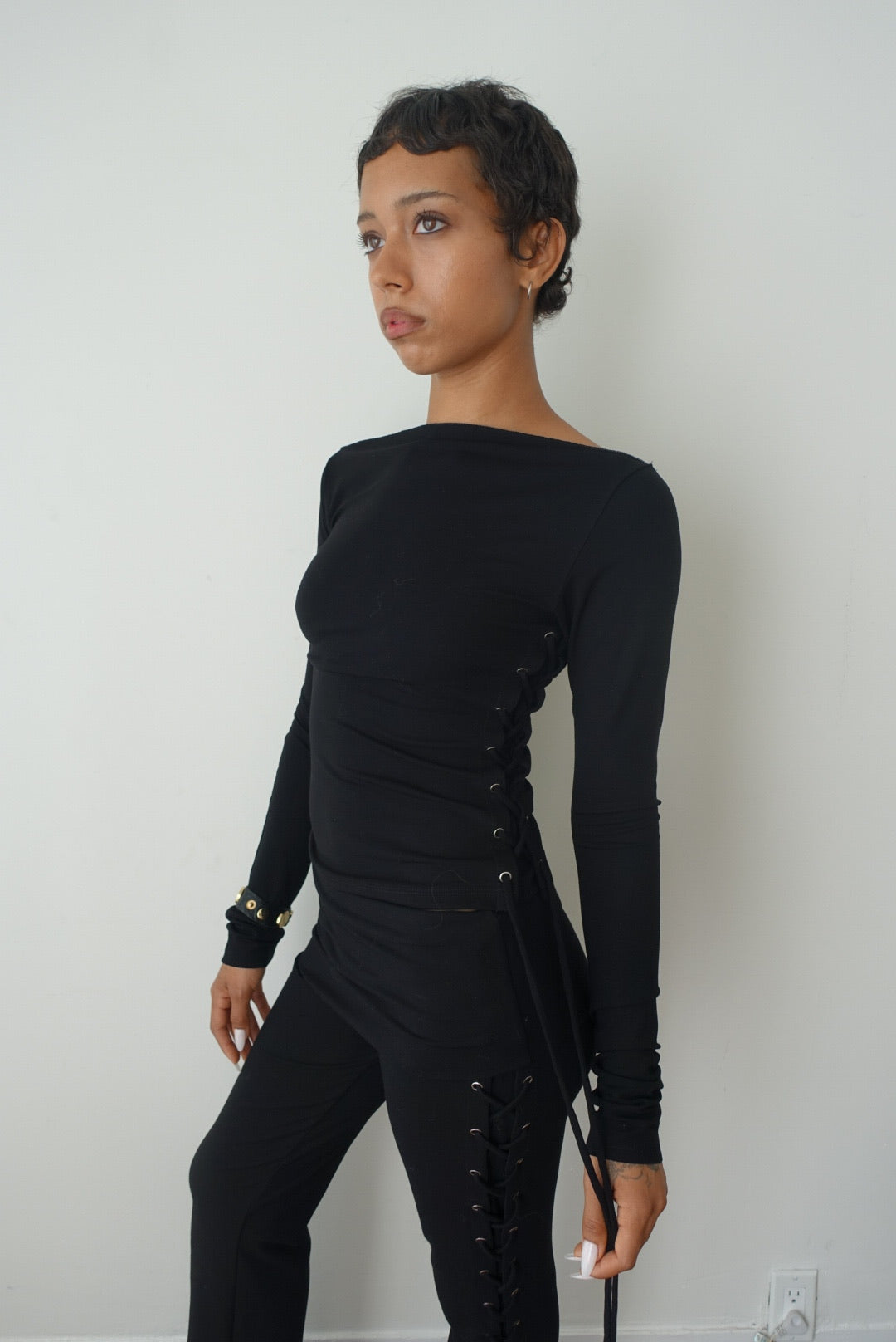 Thalia Lace Up Long Sleeve Top in Midnight
