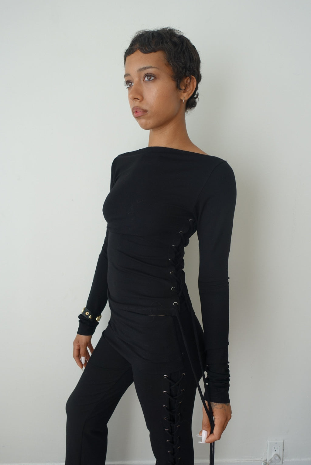 Thalia Lace Up Long Sleeve Top in Midnight