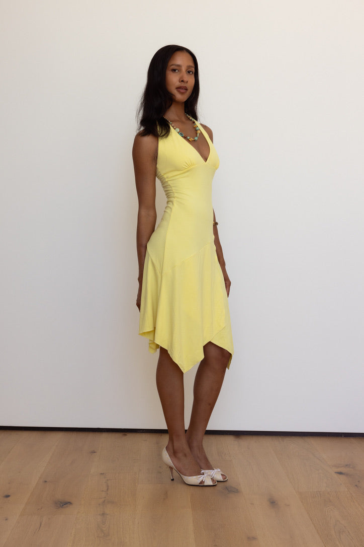 halter yellow dress Midi Summer with Side Pockets Buttercup / Medium Embroidered monogram logo at bottom left in white Yve Halter Dress In Canary