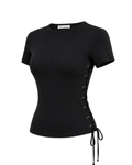 Thalia Lace Up Short Sleeve Top in Midnight