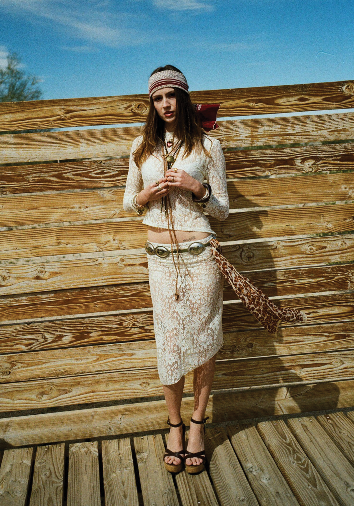 Demeter Midi Skirt in Sandstone Lace